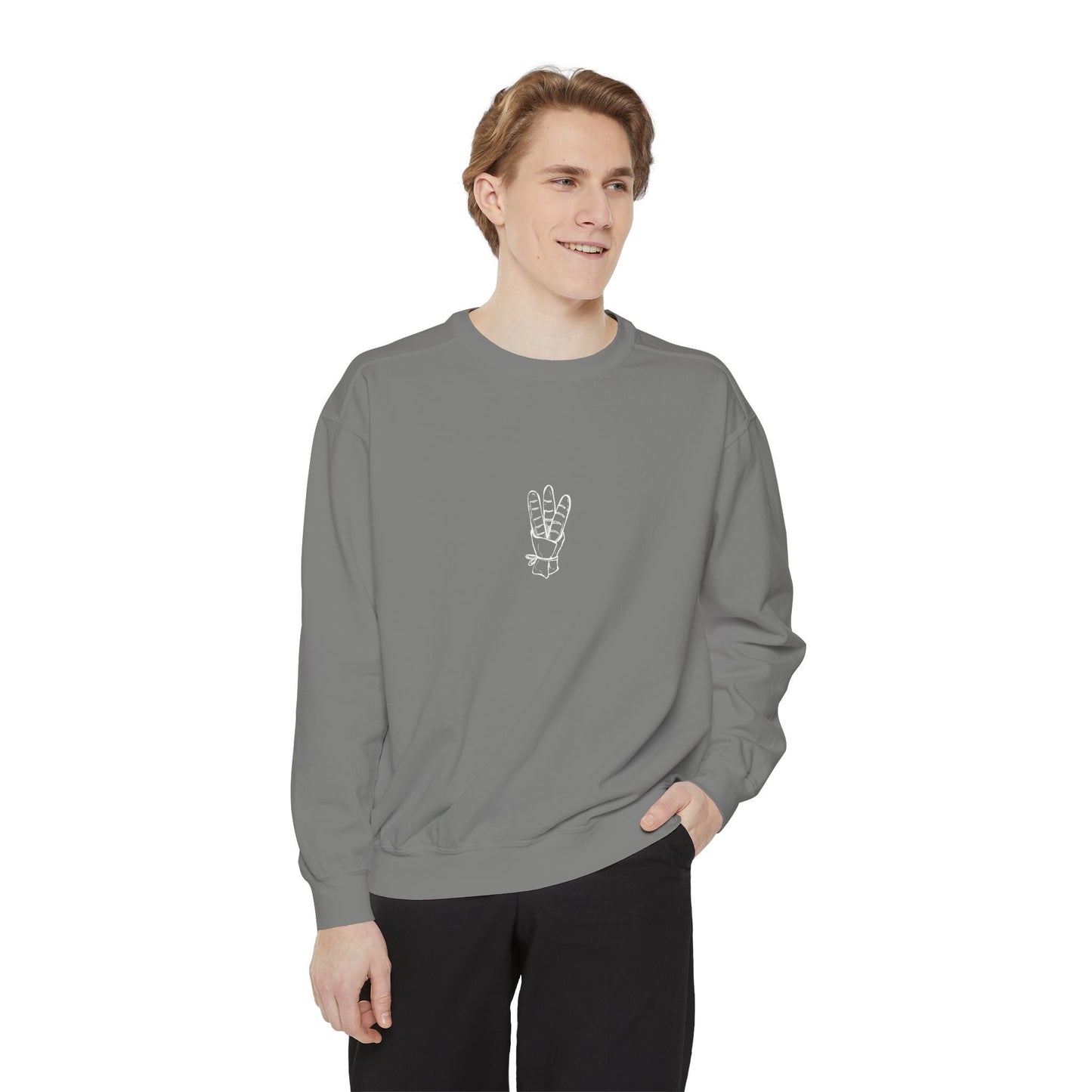 Peace Hand Unisex Garment-Dyed Sweatshirt, Cozy Streetwear, Gift for Friends, Relaxed Casual Sweater, Perfect for Everyday Wear