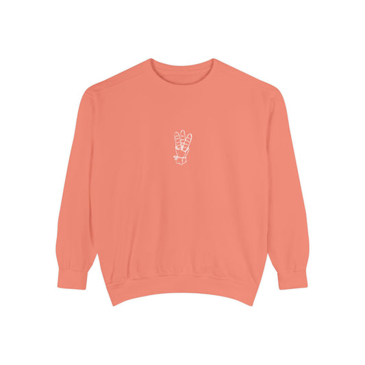 Peace Hand Unisex Garment-Dyed Sweatshirt, Cozy Streetwear, Gift for Friends, Relaxed Casual Sweater, Perfect for Everyday Wear