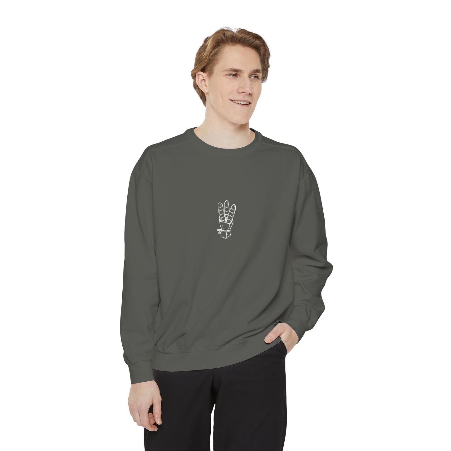 Peace Hand Unisex Garment-Dyed Sweatshirt, Cozy Streetwear, Gift for Friends, Relaxed Casual Sweater, Perfect for Everyday Wear